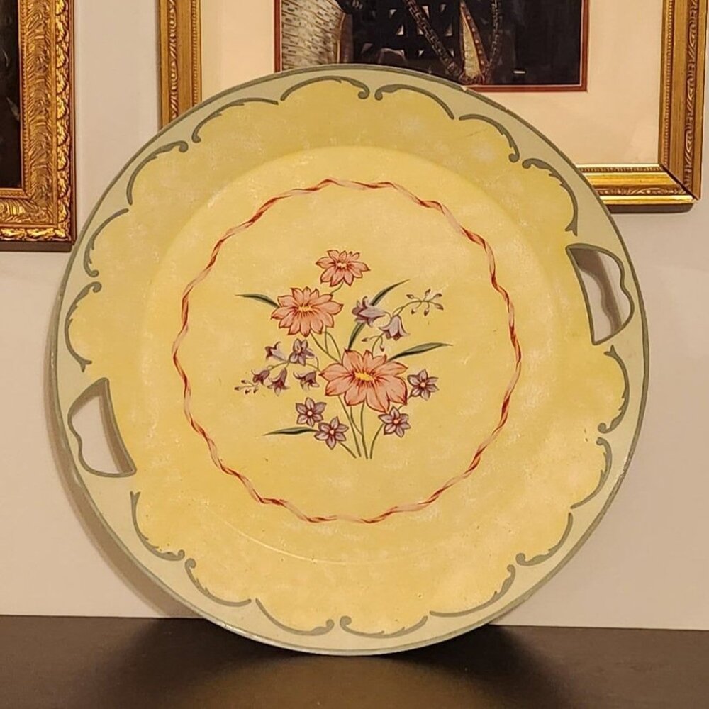 Vintage Round‎ Toleware Hand Painted Tole Yellow Green Pink Lilac Metal Tray
